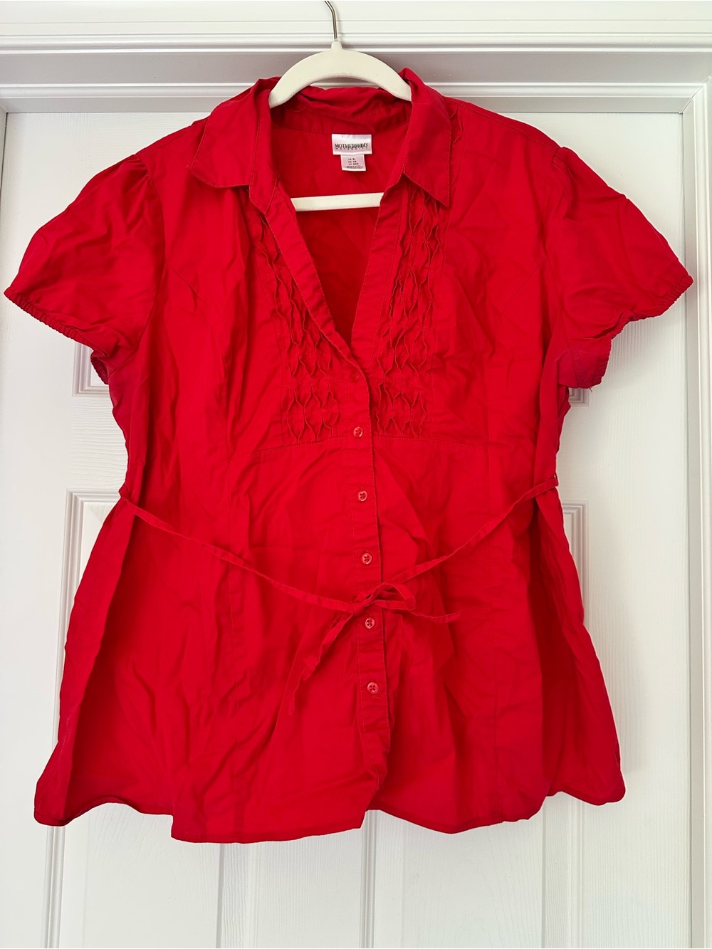 Motherhood Maternity Red Short-Sleeve Button-Front Maternity Top w/ Waist Tie XL